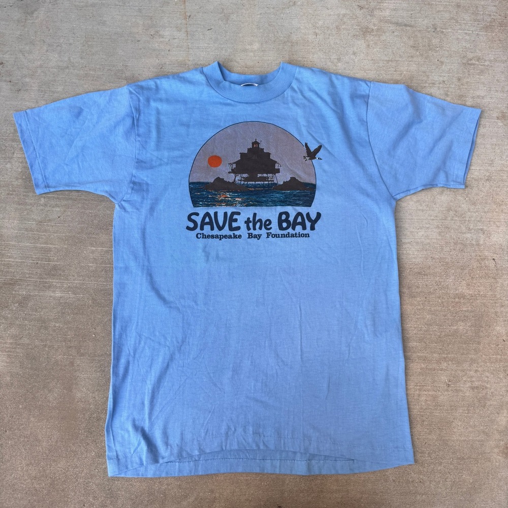 Vintage 70s Save the Bay Foundation T-Shirt Blue Large Single Stitch USA made